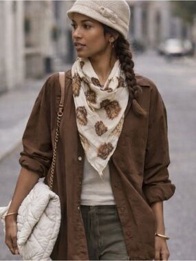 Feather Print Scarf Brown and Cream